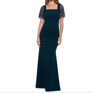 Betsy & Adam Beaded Flutter Sleeve Gown